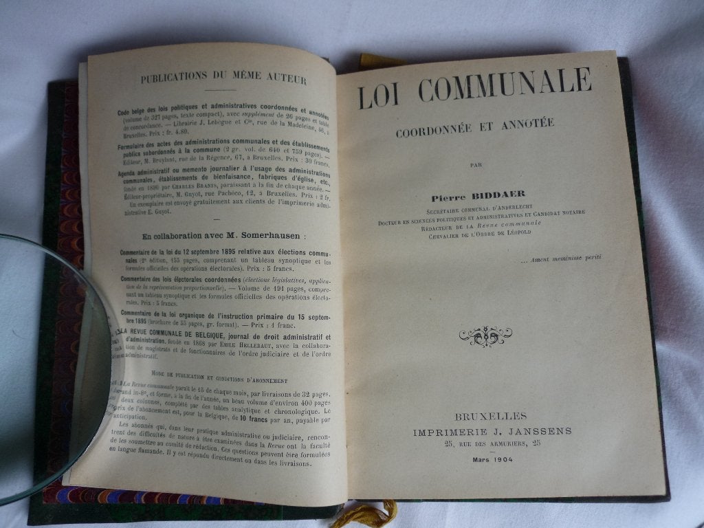 Livre "Loi communale - 1904" par Pierre BIddaer, Enlèvement ou Envoi, Comme neuf, Biddaer, 20e siècle ou après