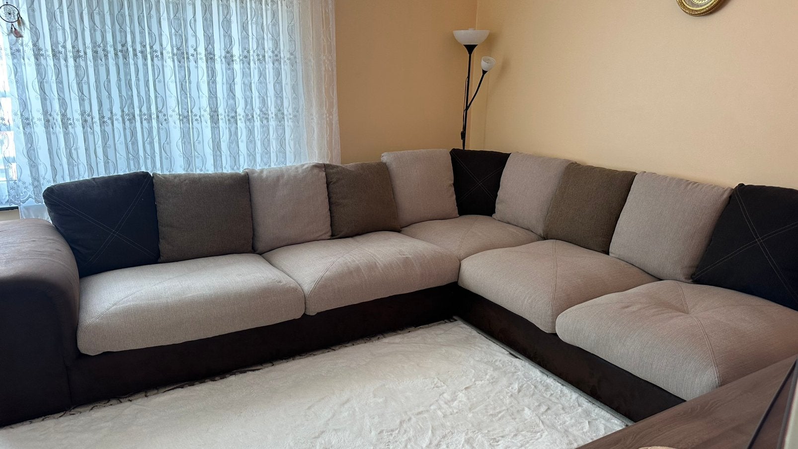 Grote hoeksalon in stof, beige/donkerbruin, zeer goede staat, Enlèvement, Comme neuf, Tissus