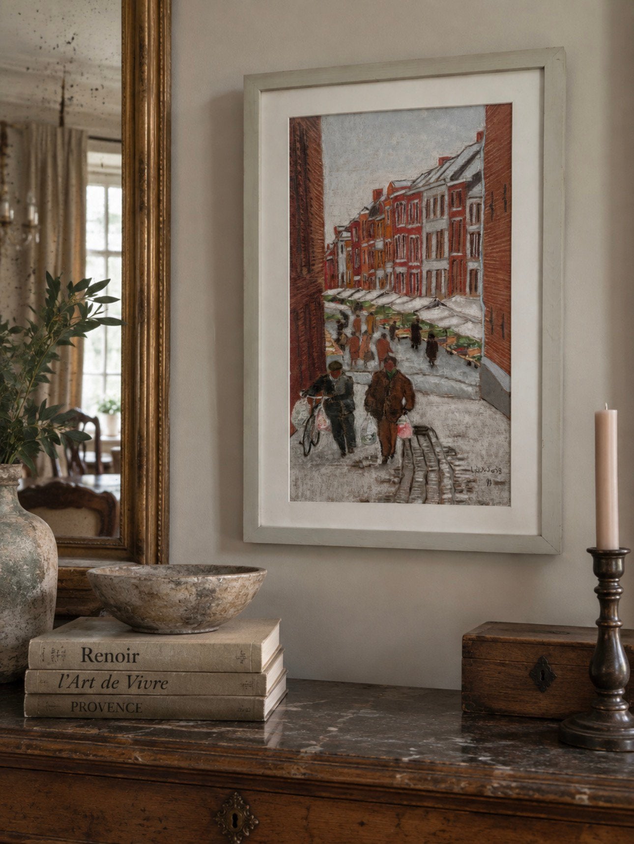 Origineel gesigneerd stadsgezicht Mons België in lijst, Antiek en Kunst, Ophalen of Verzenden