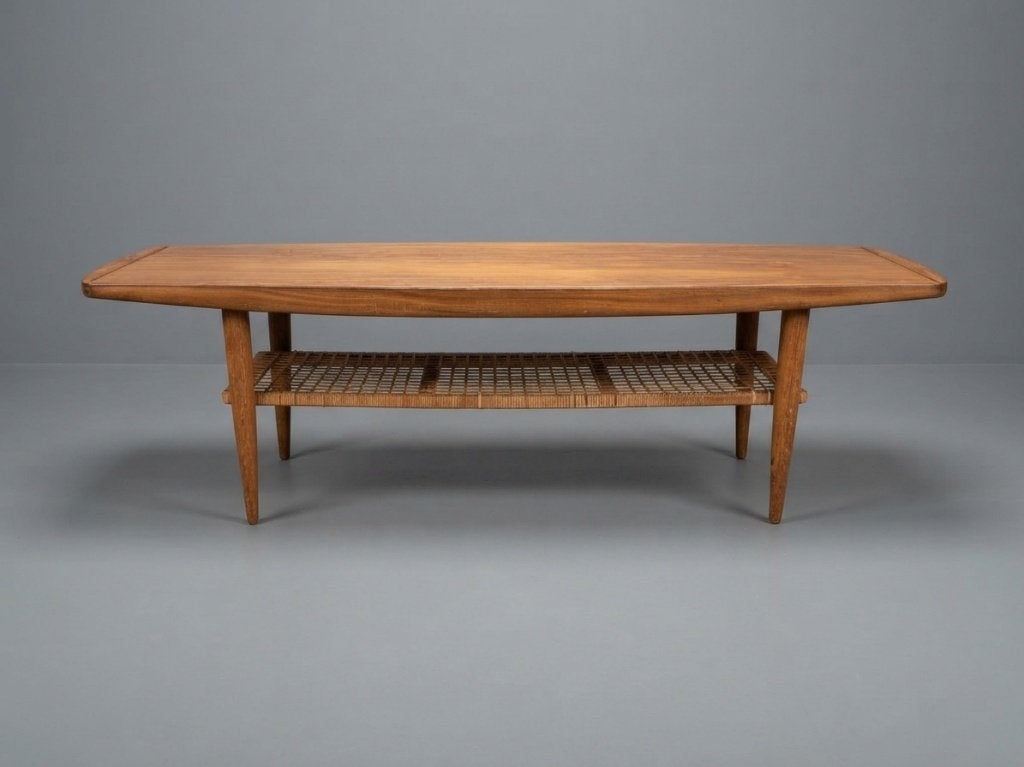 Vintage teak salontafel met gevlochten lectuurrek, Ophalen, Minder dan 50 cm, Gebruikt, Mid century