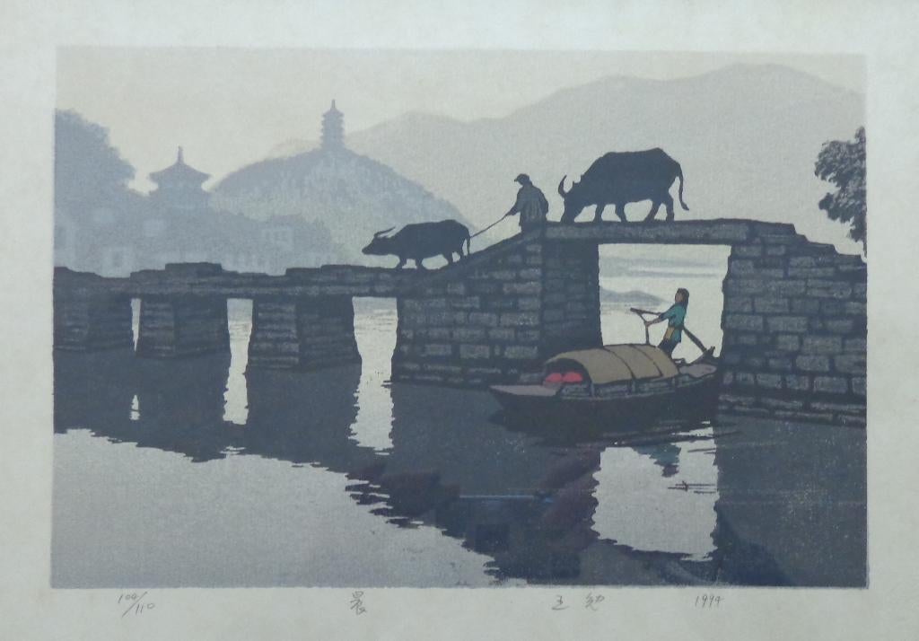CHINESE SCHOOL / BOOTJE RIVIER / HOUTSNEDE / 29x41cm KADER, Antiquités & Art, Art | Lithographies & Sérigraphies, Signé, Enlèvement ou Envoi