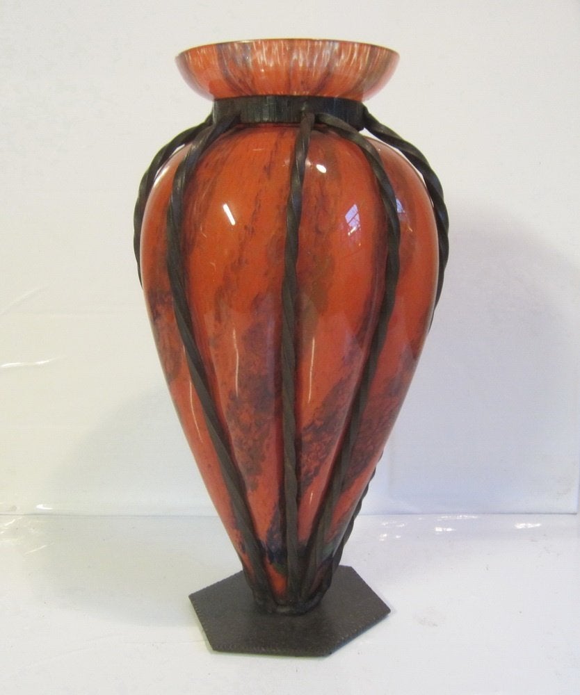 Antieke art deco vaas Lorrain/Daum smeedijzer voet ca 1930, Verzenden