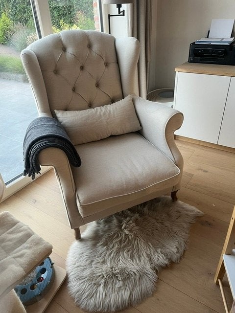 Beige fauteuil in linnen stof – landelijke stijl, Huis en Inrichting, Fauteuils, Ophalen, Gebruikt, 75 tot 100 cm, Landelijk