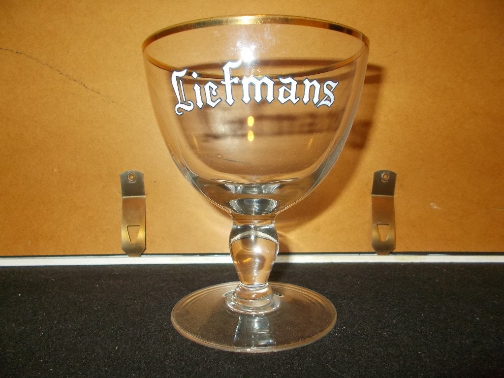 Oud glas Liefmans op korte voet - wit-blauw - Oudenaarde, Enlèvement, Utilisé, Verre ou Verres, Duvel