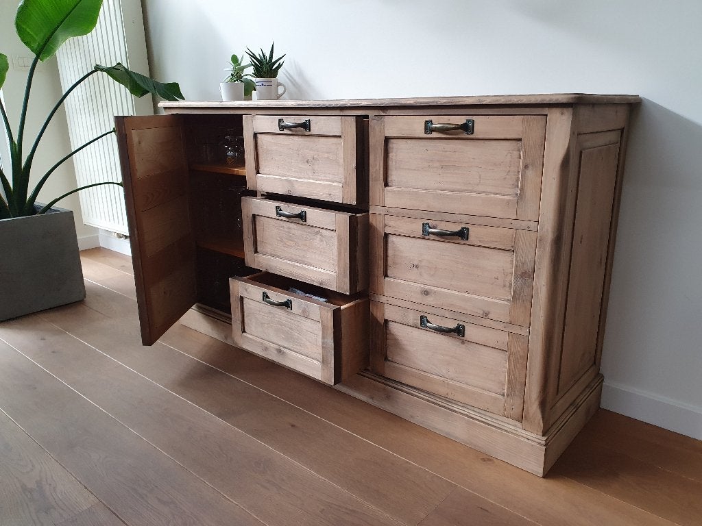 Retro dressoir met lades en deuren, Huis en Inrichting, Kasten | Dressoirs, Ophalen, Gebruikt, Met deur(en), Grenenhout