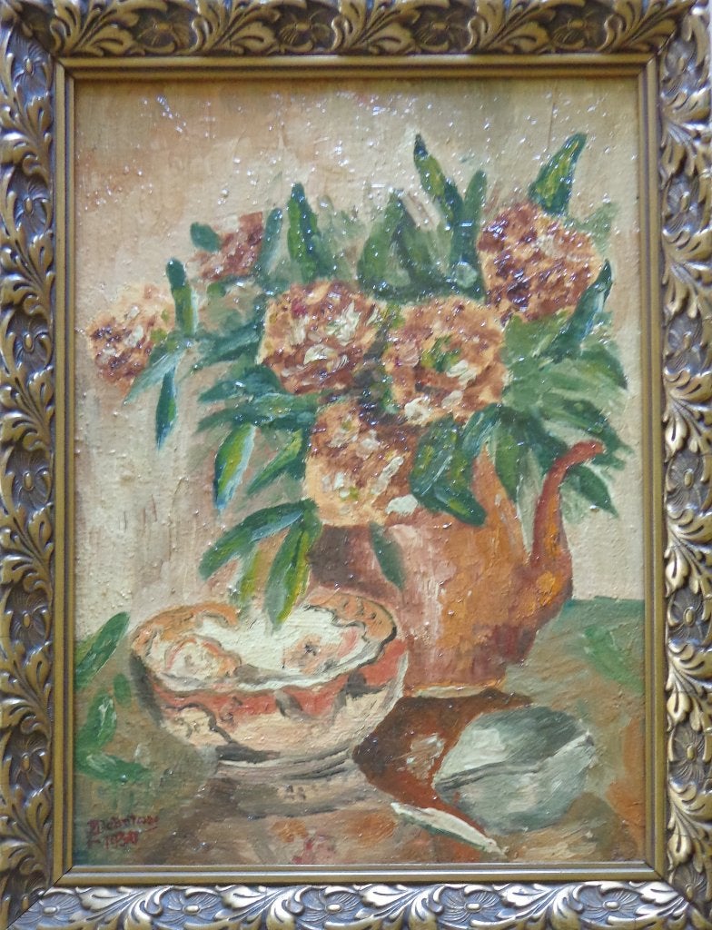 MAX DE BATISSE / BLOEMENPRACHT / OLIEVERF / 43x32cm / KADER, Antiquités & Art, Enlèvement ou Envoi, Signé, Peinture à l'huile