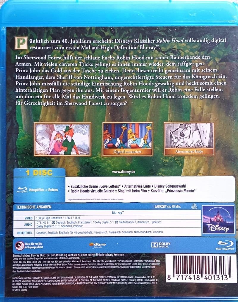 blu ray ROBIN HOOD  WALT DISNEY, Ophalen of Verzenden, Zo goed als nieuw