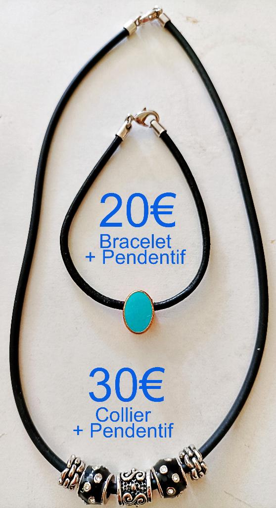 Collier +  bracelet cuir noir + pendentif turquoise/ethnique, Bijoux, Sacs & Beauté, Colliers, Neuf, Autres matériaux, Autres couleurs