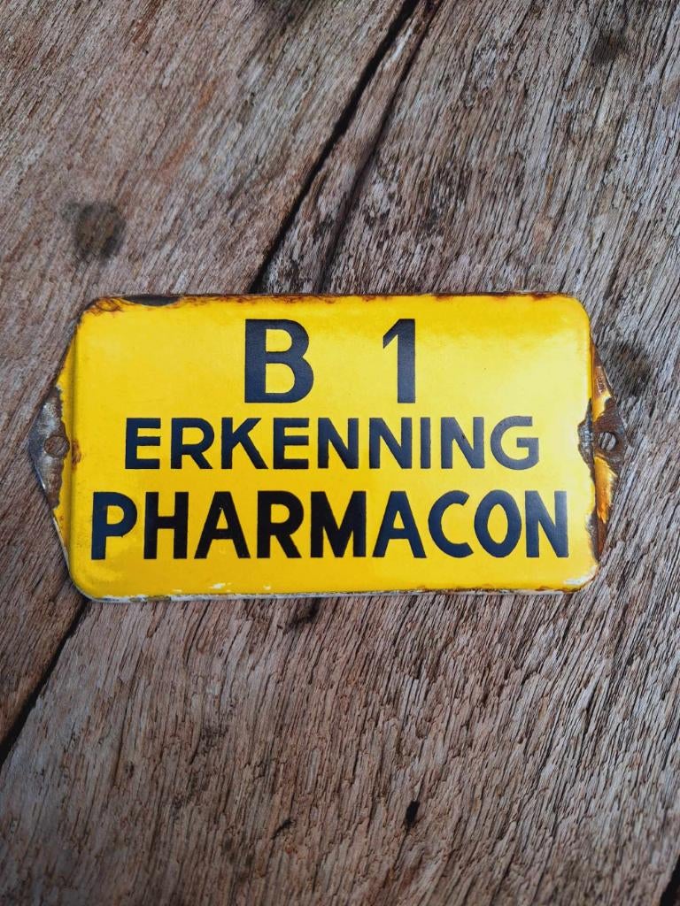 Emaille deurpostje, bordje B1 Erkenning Pharmacon., Ophalen of Verzenden, Gebruikt, Reclamebord