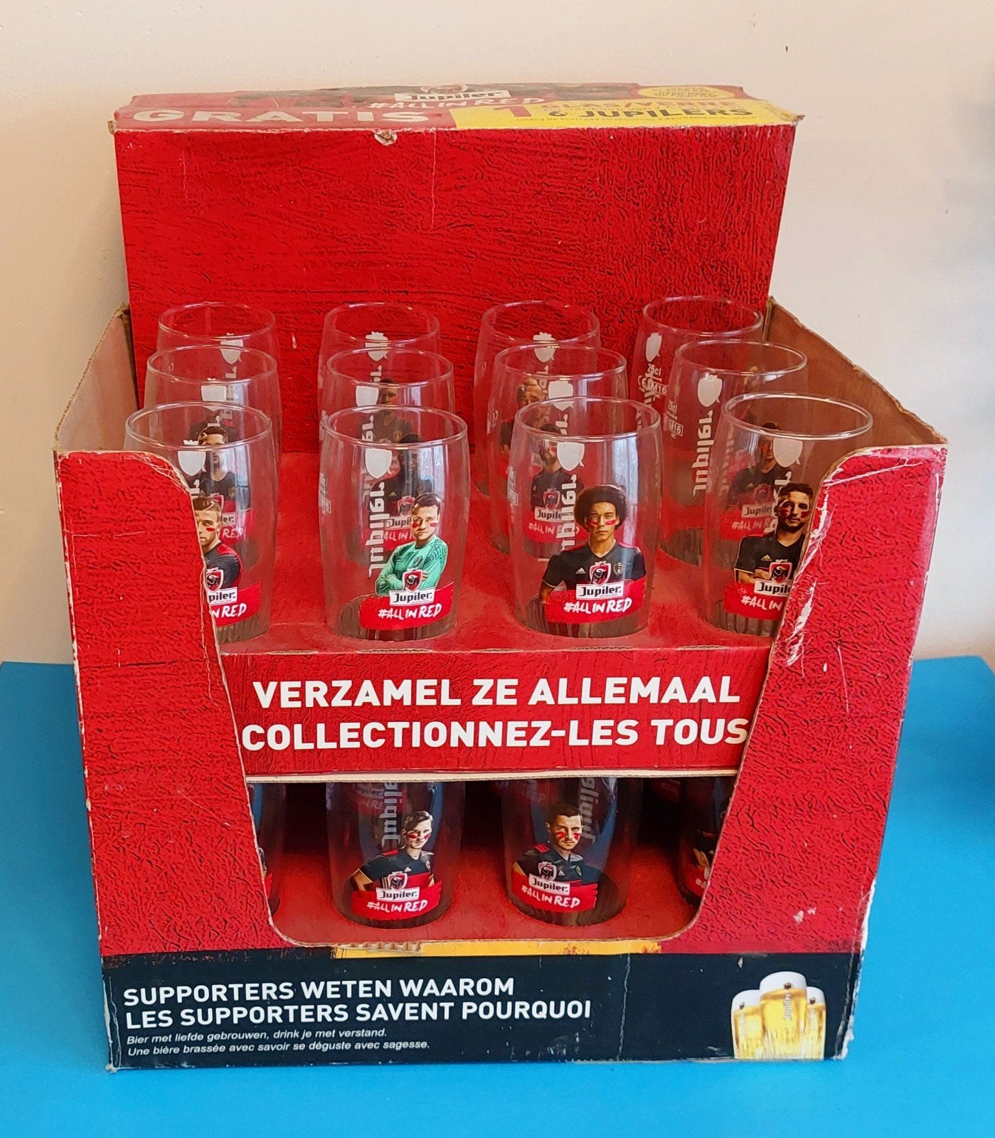 Jupiler all-in-red 24 glazen Belgisch voetbal 2016, Ophalen of Verzenden, Nieuw, Glas of Glazen, Jupiler