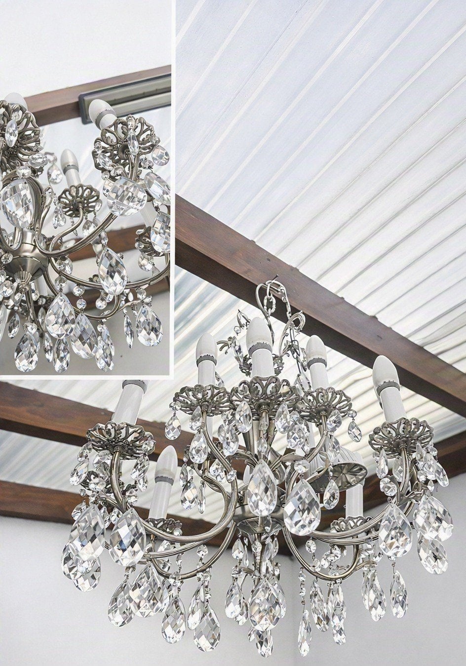 Tin Kroonluster met Kristallen – 65 cm breed, 25 cm hoog, Huis en Inrichting, Lampen | Kroonluchters, Ophalen, Gebruikt, Glas
