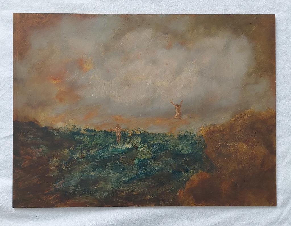 Schilderijtjes van springende mensen in het water, Ophalen of Verzenden