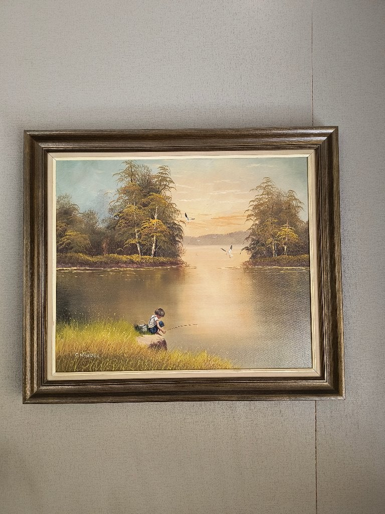 Olieverf op doek “jongen aan het vissen” – C. Manuel, Ophalen, Doek, Gesigneerd, Landschap