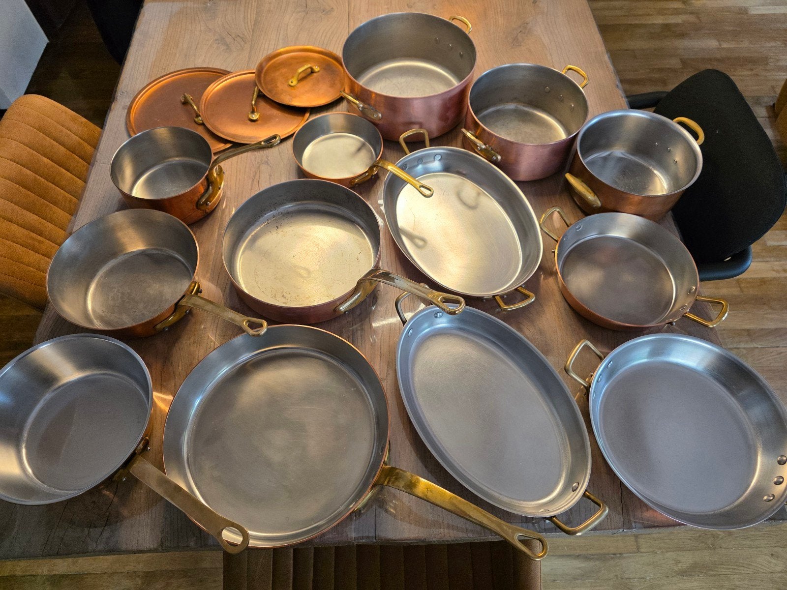 Complete Unicorn koperen pannenset, Uitstekende staat, Ophalen, Koper, Nieuw, Pannenset