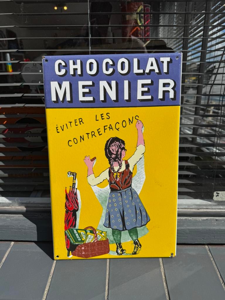 Panneau publicitaire en émail Chocolat Menier, Enlèvement ou Envoi, Utilisé, Panneau publicitaire