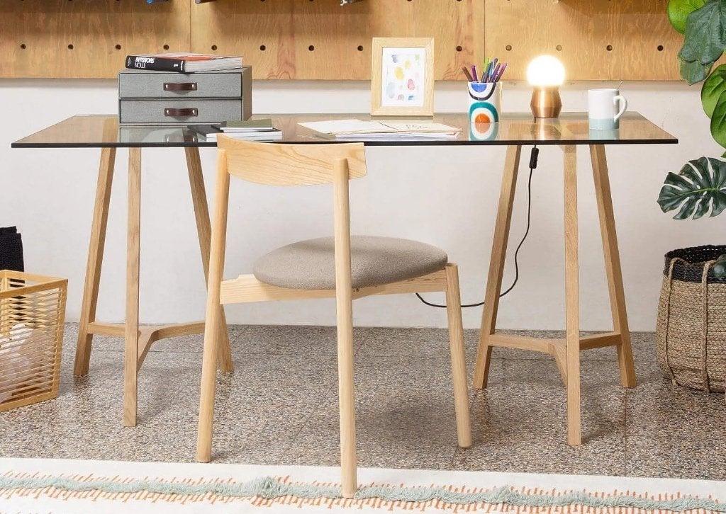 Habitat designbureau | massief eiken + glazen blad | as new, Enlèvement, Comme neuf, Bois