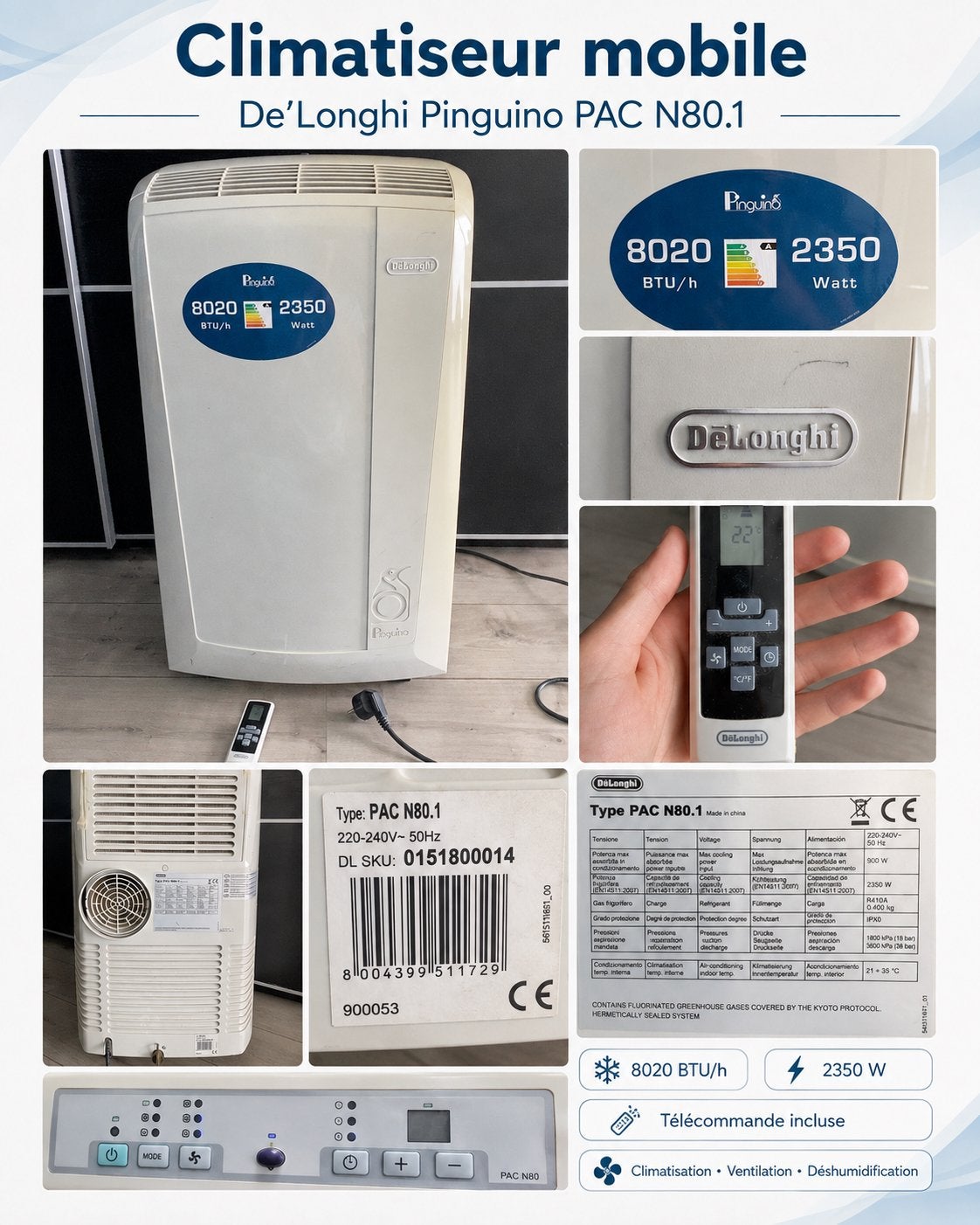 Climatiseur mobile De’Longhi Pinguino PAC N80.1, Ophalen, Gebruikt, Minder dan 60 m³, 3 snelheden of meer