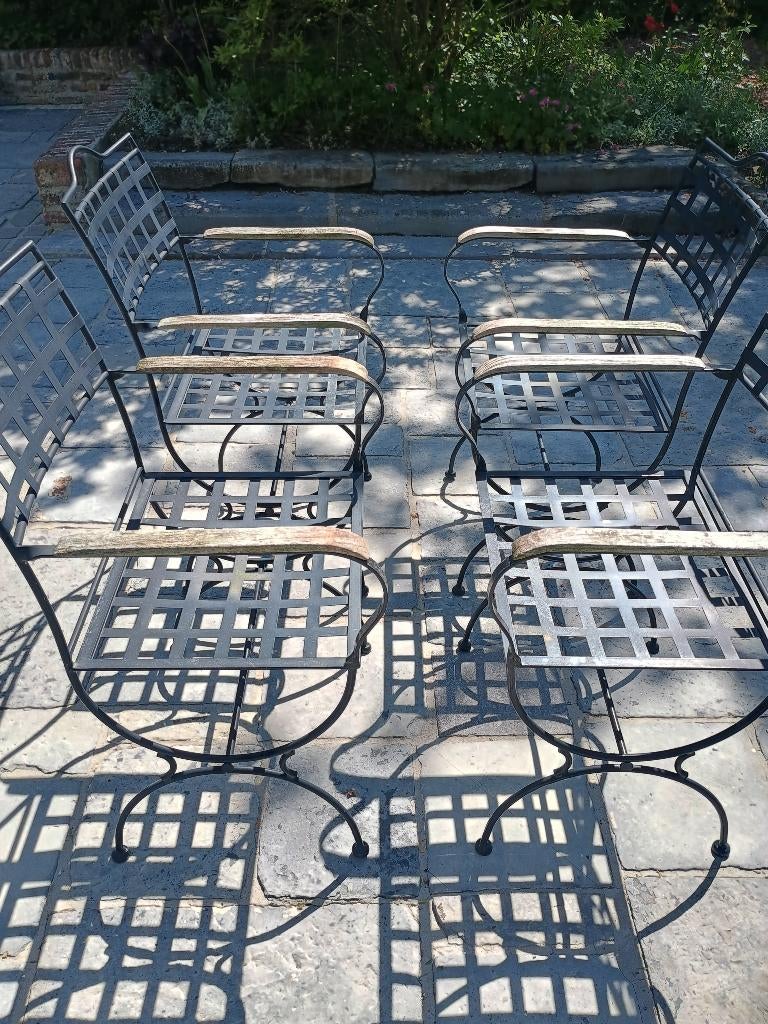 Set van 4 klassieke smeedijzeren tuinstoelen teak armleuning, Ophalen, Gebruikt, Metaal