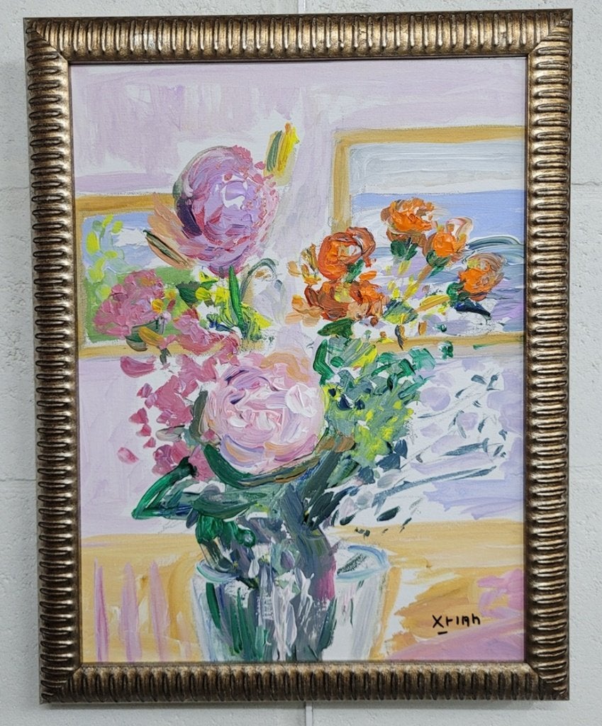 XTIAN, boeket van Gigi, Antiquités & Art, Art | Peinture | Classique, Enlèvement ou Envoi, Peinture à l'huile, Fleurs, Encadré