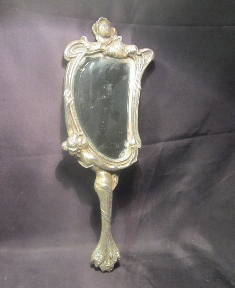 Art nouveau handspiegel met dame, verzilverd, ca 1900, Antiek en Kunst, Verzenden