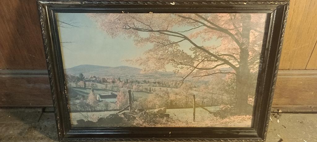 Cadre vintage avec photo paysage rural ancienne, 43x30, n388, Enlèvement ou Envoi, Photo, Photographie, Encadré