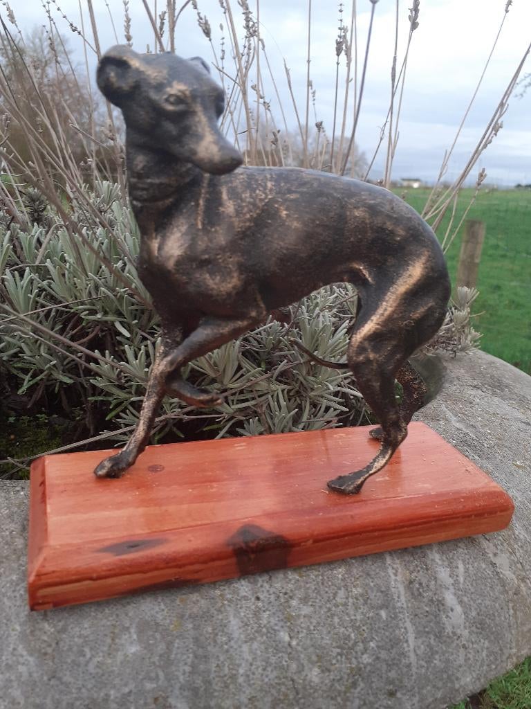 LEVRIER EN FONTE PATINEE BRONZE SUR SOCLE BOIS., Enlèvement ou Envoi, Neuf