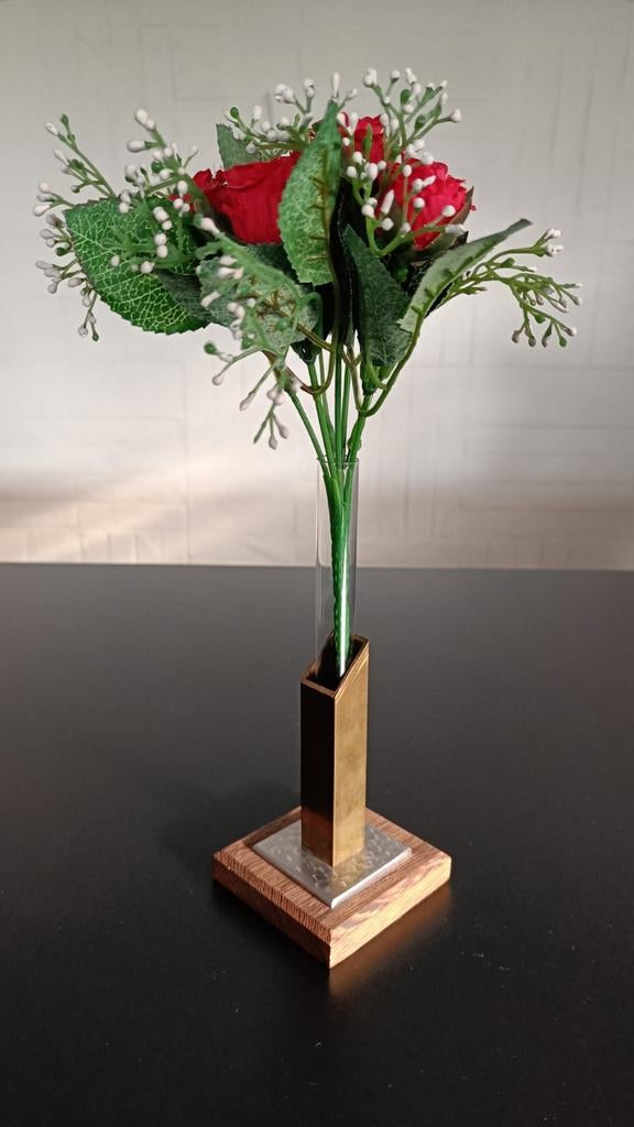 Design vaasje hout/messing/glas., Huis en Inrichting, Ophalen of Verzenden, Gebruikt, Overige materialen, Minder dan 50 cm