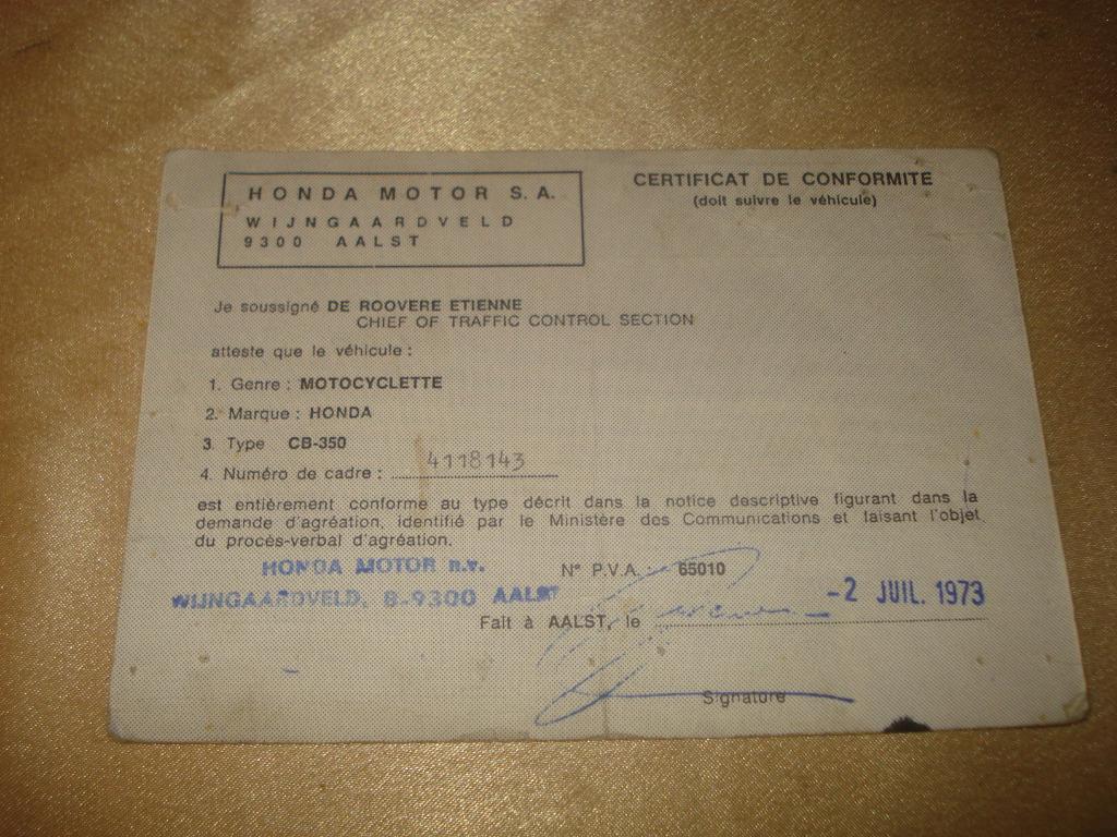 Ancien Certificat Conformité Moto Honda CB-350 1973, Motoren, Ophalen of Verzenden, Honda