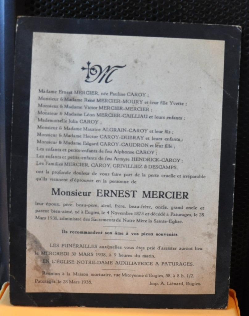 ancien faire part de décès de 1938 (13), Enlèvement ou Envoi, Carte de condoléances