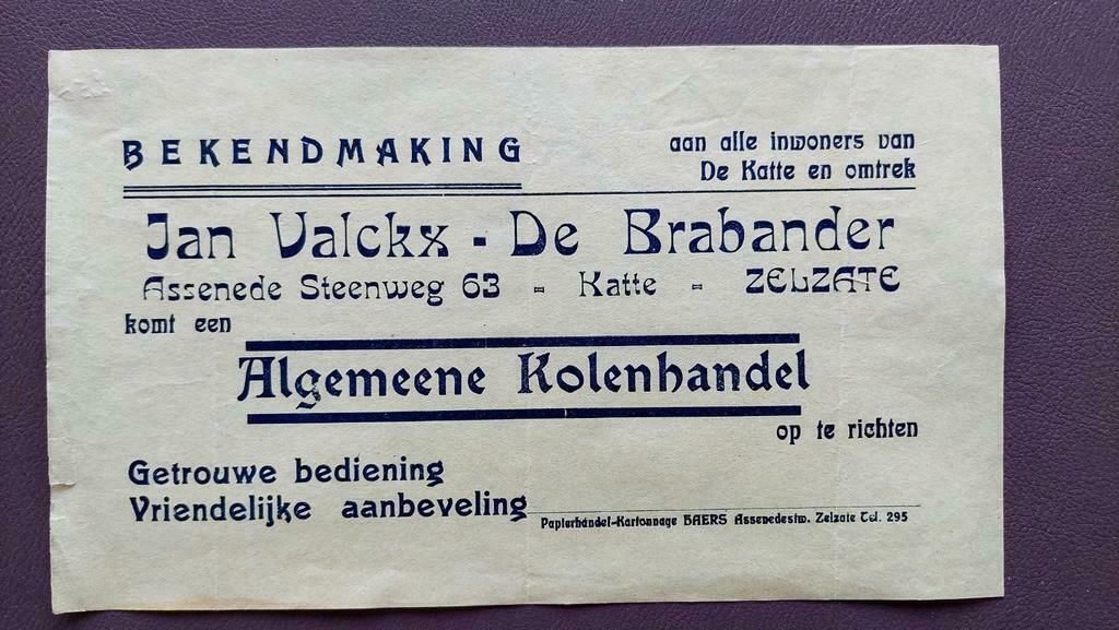 Oude reclame .Kolenhandel Jan Valckx-De Brabander. Zelzate, Ophalen of Verzenden
