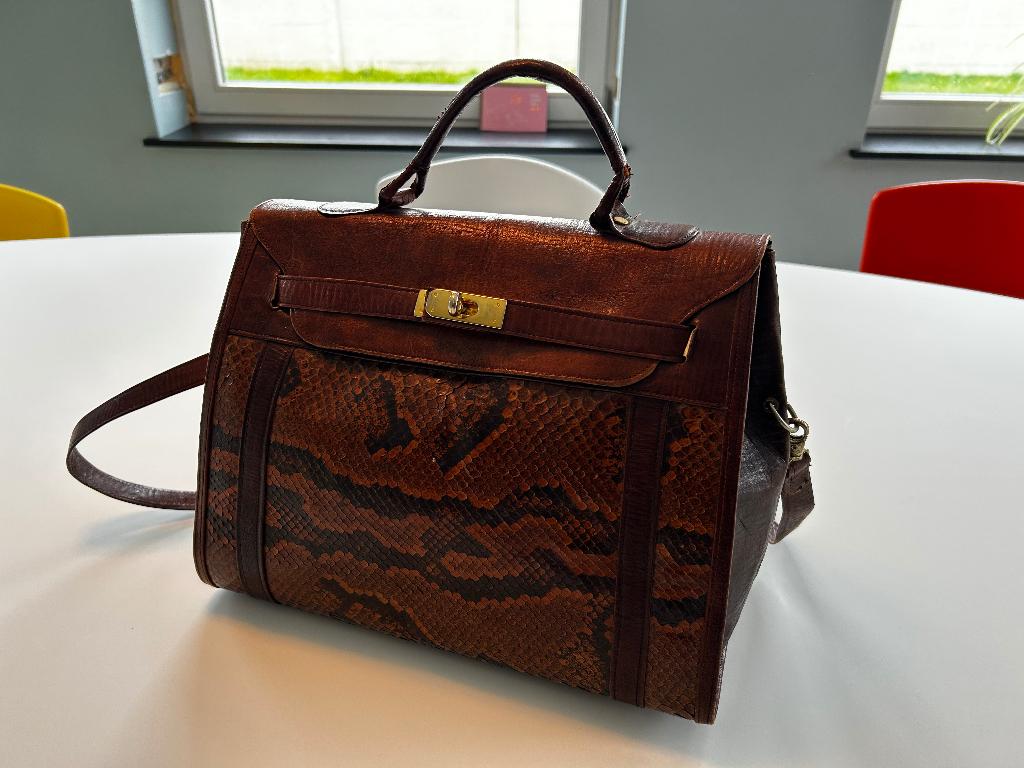 Vintage handtas slangenleer Italiaans, Ophalen of Verzenden, Gebruikt, Bruin, Handtas