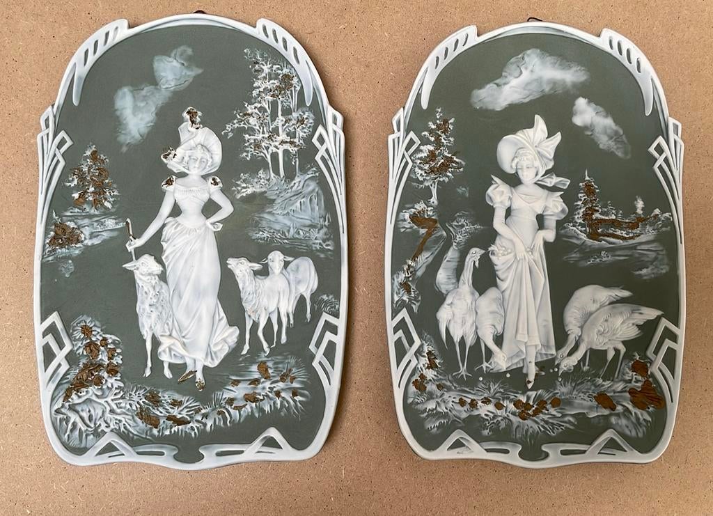 Koppel porcelainen wandpanelen art nouveau, Antiek en Kunst, Ophalen of Verzenden