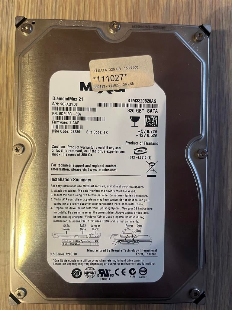 Maxtor 3,5 Inch HDD 320GB, Ophalen, Zo goed als nieuw, HDD