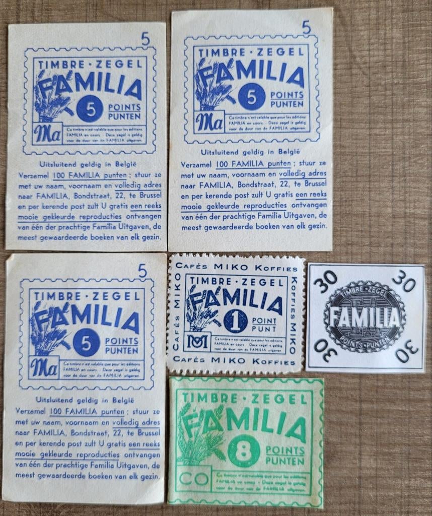 6 oude puntenzegels voor Familia prenten, Verzamelen, Ophalen of Verzenden, Gebruikt, Overige onderwerpen, Prent