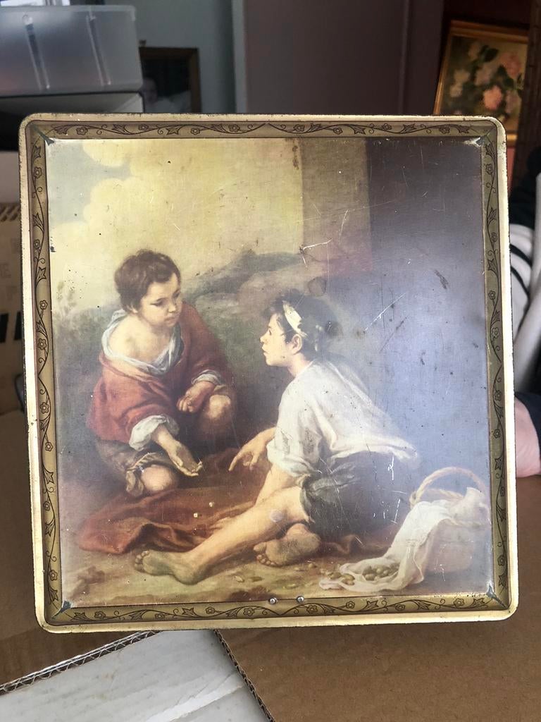 Ancienne boîte en métal « les joueurs de dés » Murillo, Gebruikt, Koek(jes), Overige merken