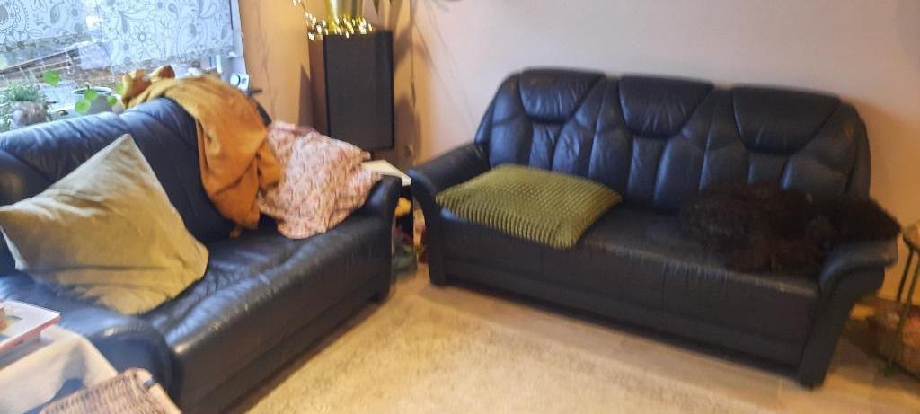 Degelijke lederen twee en driezit  te koop, Gebruikt, 150 tot 200 cm, Driepersoons, Rechte bank