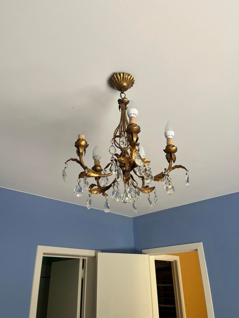 Lustre métal doré et verre, Ophalen, Gebruikt, Glas