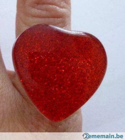 bague réglable  cœur rouge pailleté acidulé couche plexi, Bijoux, Sacs & Beauté, Bagues, Enlèvement ou Envoi, Neuf, Rouge
