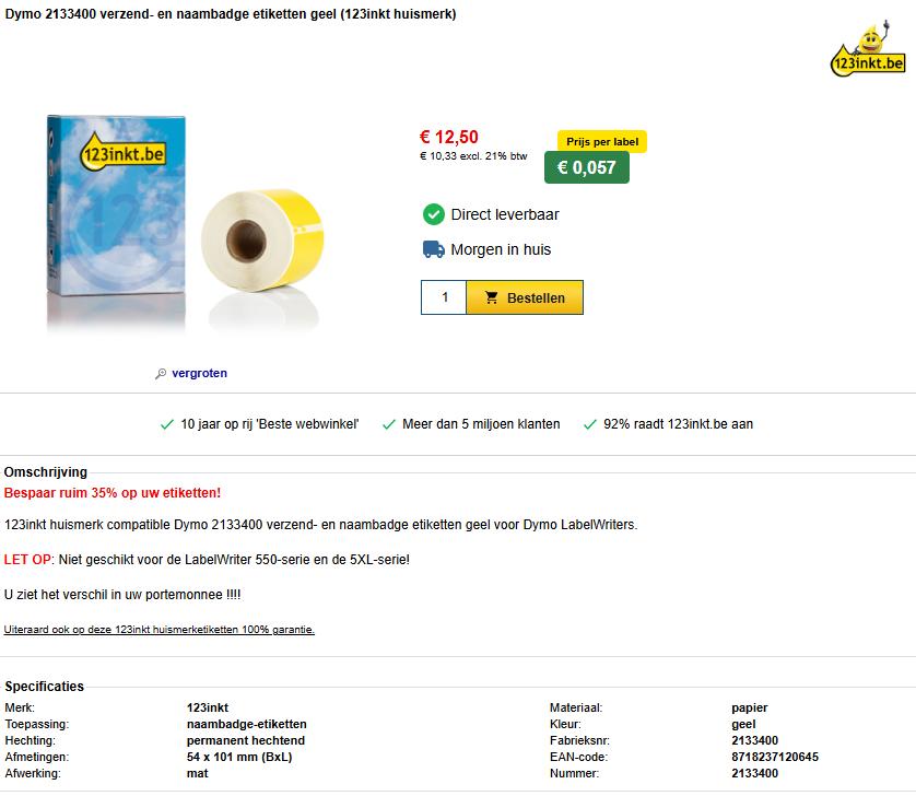 123inkt compatible Dymo 101x54/2133400 verzend/naam etiket, Computers en Software, Dymo, Nieuw, Ophalen of Verzenden, Azerty