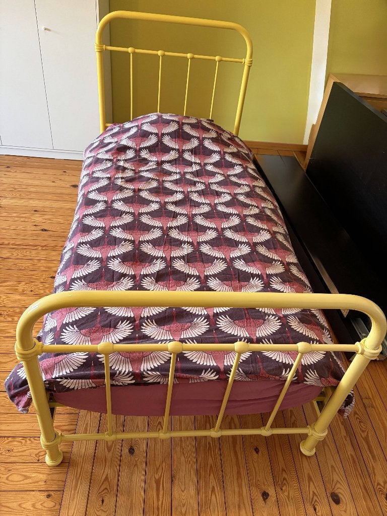 geel gietijzeren bed 90x200 cm, 85 tot 100 cm, Zo goed als nieuw, 180 cm of meer, Ophalen