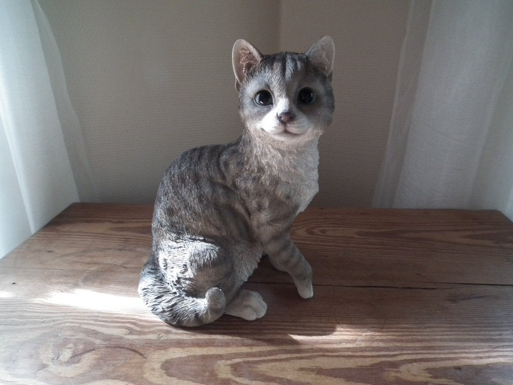 decoratie: grijze gestreepte kat (hoogte 26 cm) nieuw, Verzenden, 20 cm, 26 cm, Steen/keramiek