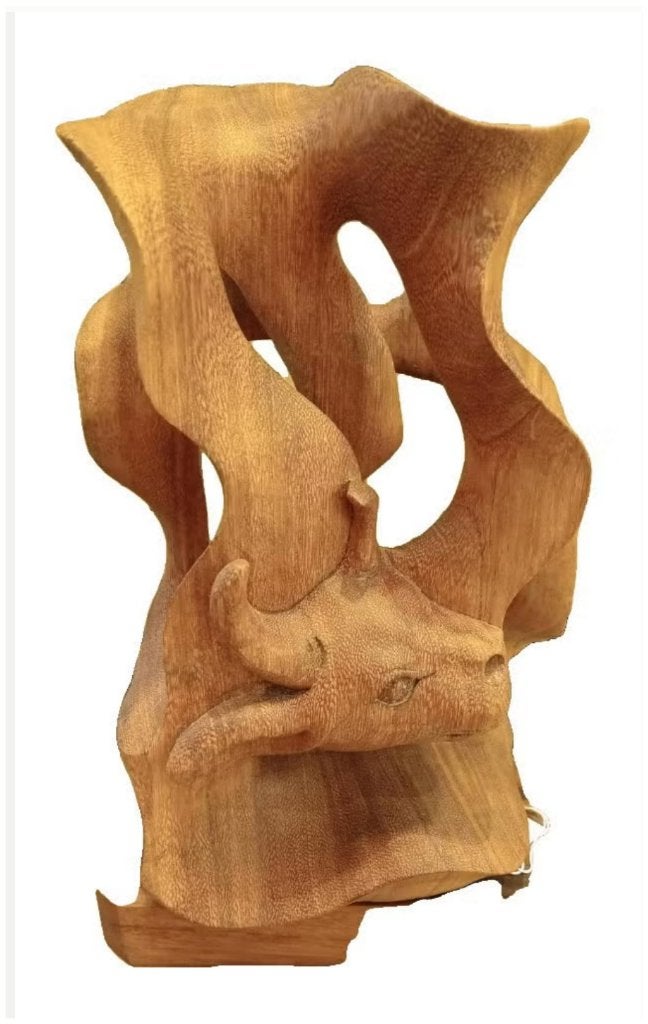 Houten beeld op sokkel, dubbelzijdig., Overige onderwerpen, Ophalen of Verzenden, 20 - 50 cm, Beeld