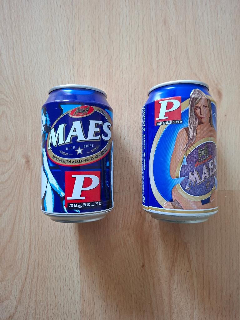 2 lege bierblikjes Maes P magazine uitvoering, Ophalen of Verzenden, Gebruikt, Verpakking