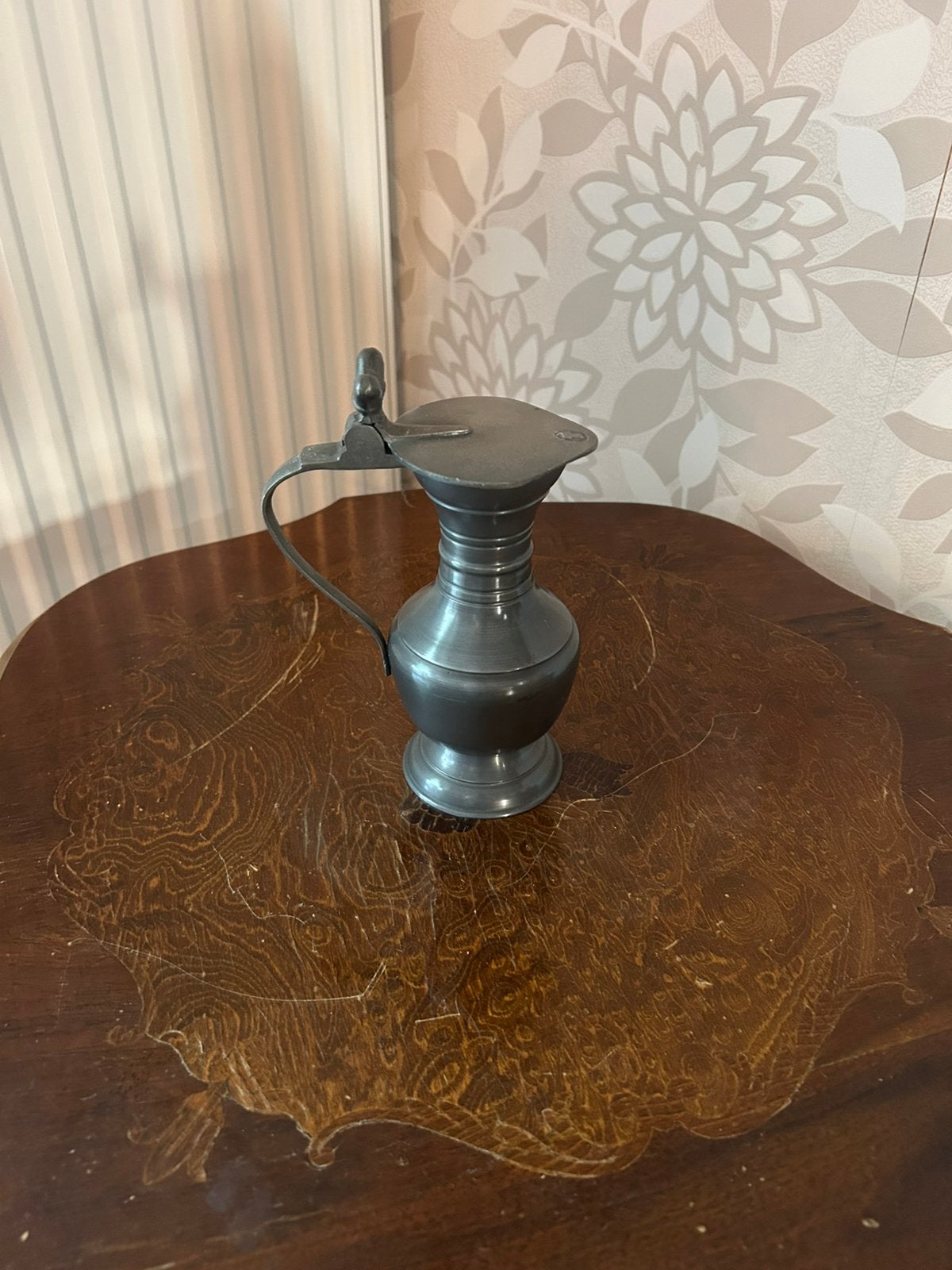 oude tinnen schenkkan / flagon met scharnierend deksel, Antiek en Kunst, Ophalen