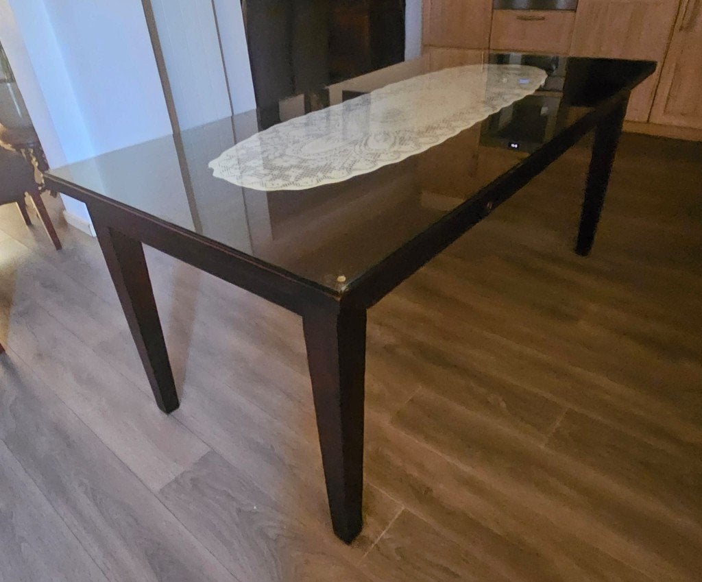 Donker bruine eettafel met glasplaat, Huis en Inrichting, Ophalen, Gebruikt, 50 tot 100 cm, 150 tot 200 cm