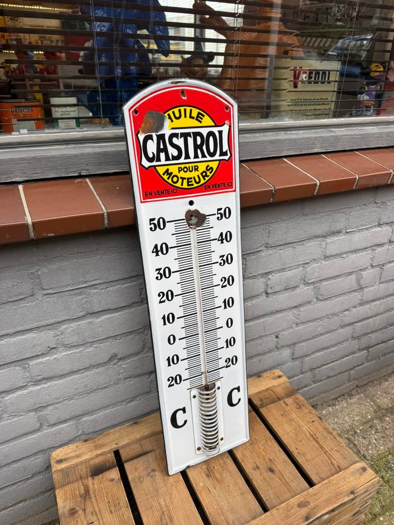 CASTROL oude emaille reclame thermometer, Verzamelen, Ophalen of Verzenden, Gebruikt, Reclamebord