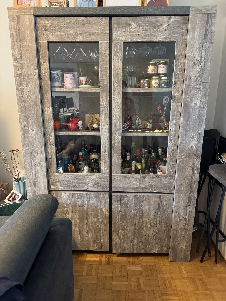 Grand meuble vitrine/bar effet bois gris vieilli, Vintage, Comme neuf, 100 à 150 cm, 50 à 75 cm