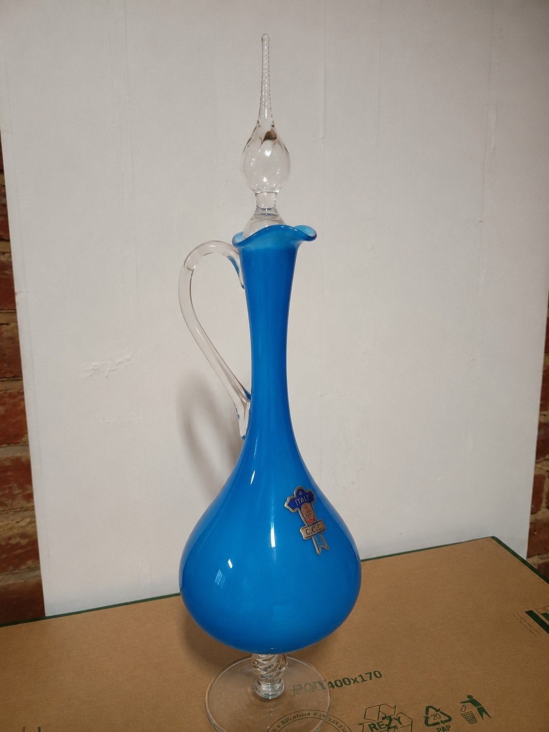 Superbe carafe vintage Opalino – Made in Italy – 42 cm avec, Enlèvement, Bleu, Verre
