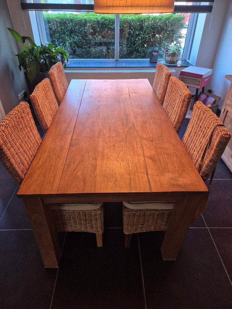 Teakhouten tafel 2m x 1m + 6 rietenstoelen, Huis en Inrichting, Tafels | Eettafels, Ophalen, Gebruikt, 50 tot 100 cm, Teakhout