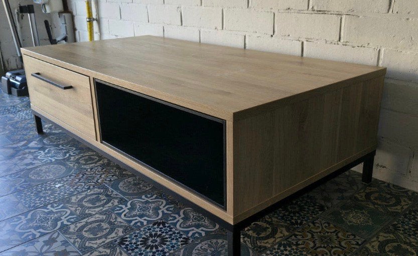 Stevige salontafel met opberglade en vak, Ophalen, 100 tot 150 cm, 50 tot 100 cm, Zo goed als nieuw